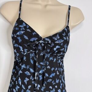 Y2K Babydoll MIdi‎ Maxi Dress Sz S Butterfly Print Bow Sheer Stretch Whimsygoth